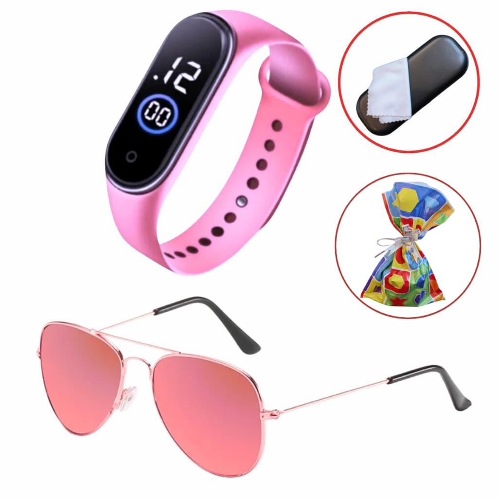 Relogio Infantil LED Digital Prova D'água + Óculos de Sol Infantil Unissex Aviador UV - Presente Crianças Natal, etc