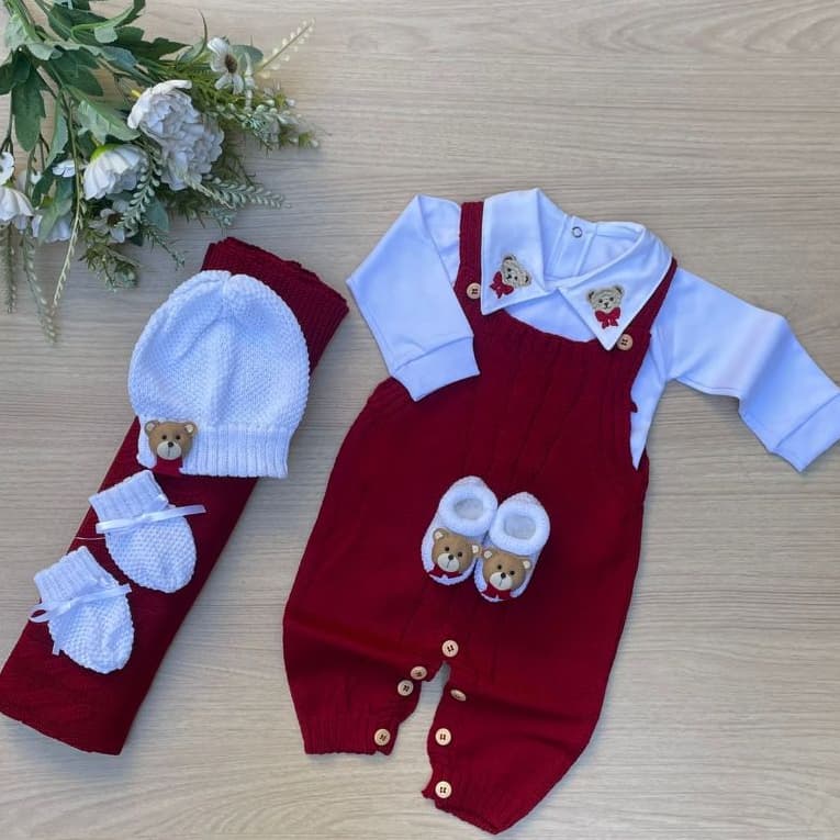 Saída de Maternidade Tricot Ursinho Gravata – Kit Completo com Macacão, Body, Manta, Gorro, Luvas e Sapatinhos