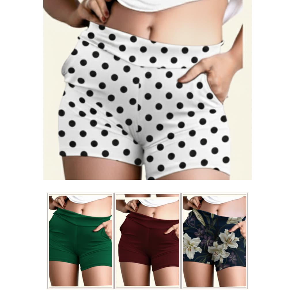 KIT 3 Shorts Feminino Curto Estampado e Liso sortido| Suplex Digital Cós Alto.