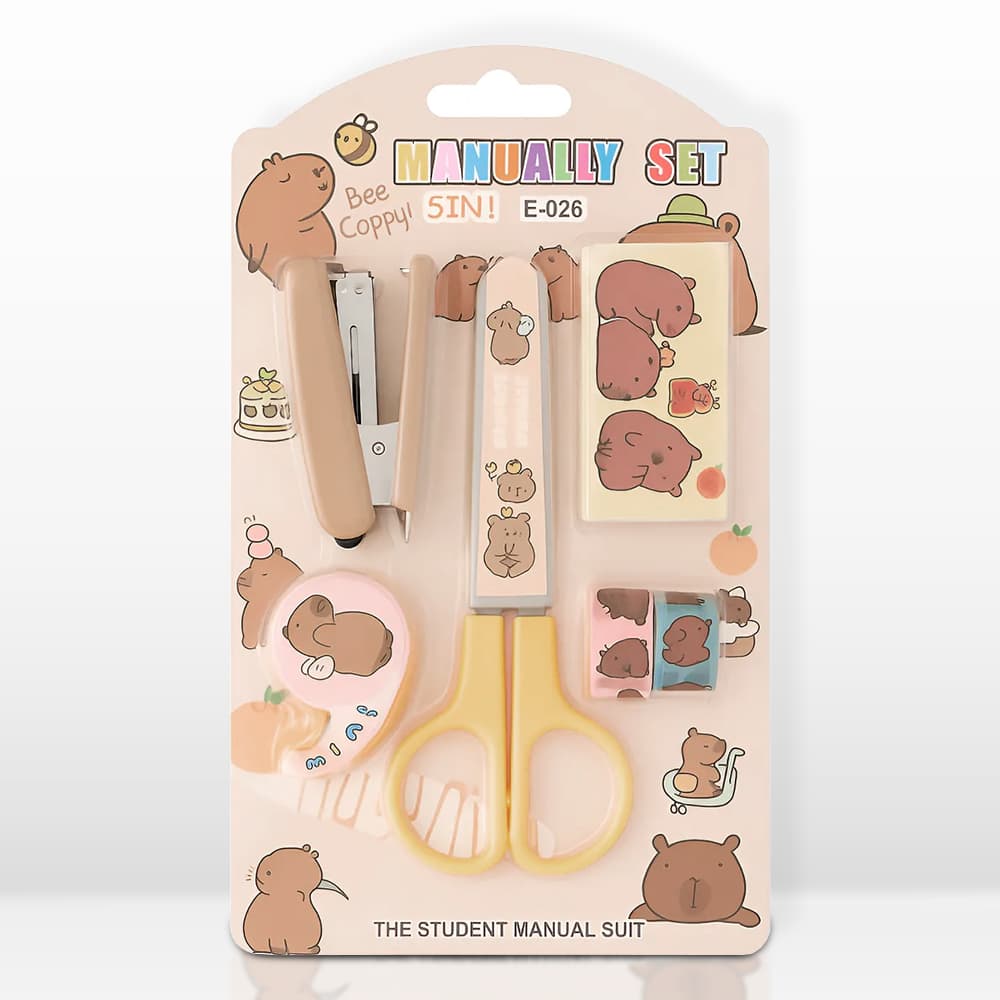 Conjunto Escolar Material Capivara Kawaii Infantil Desenho Animado Material Fofo Tesoura Grampeador Fita Personalizada