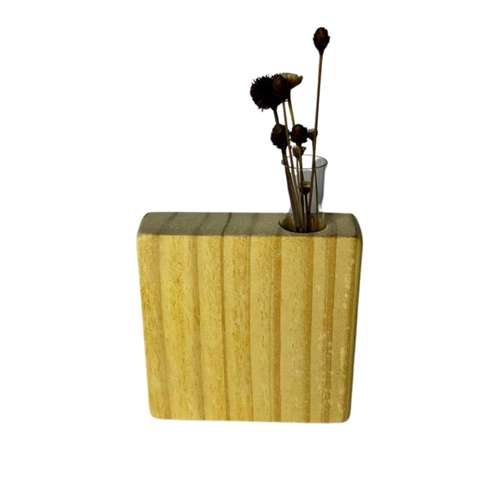 Vasinho Big Tubo Quadrado Em Pinus Natural Com Tubo De Vidro Design Artesanal