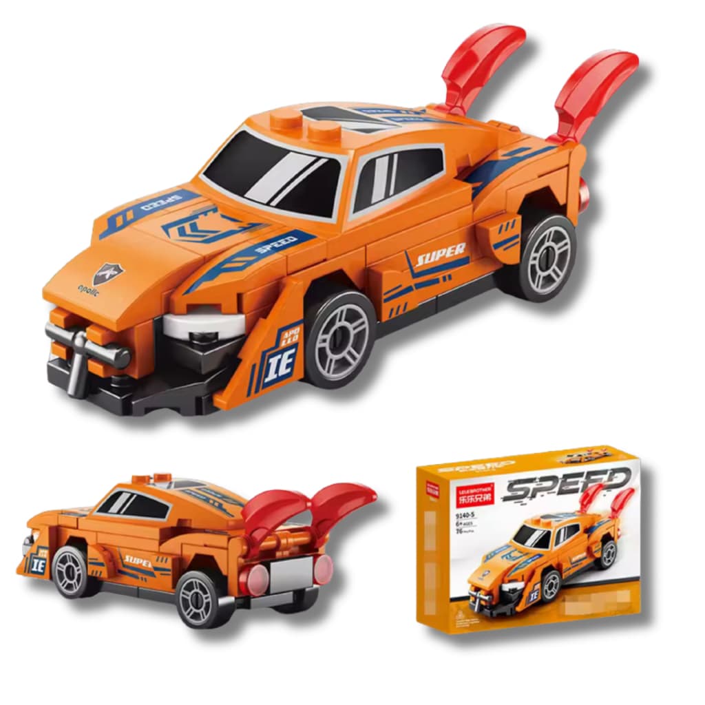 Carrinho de Flexão Mini Bloco de Montar Laranja Speed e 76 peças para montar