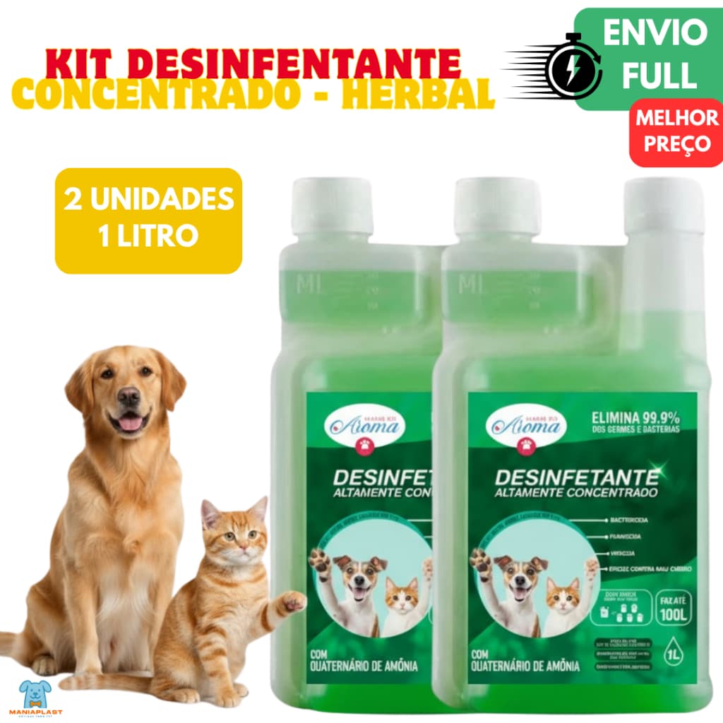 Kit 2 Desinfetante Pet Super Concentrado Eliminador de Odor Quartenario Amonia 1L - Herbal