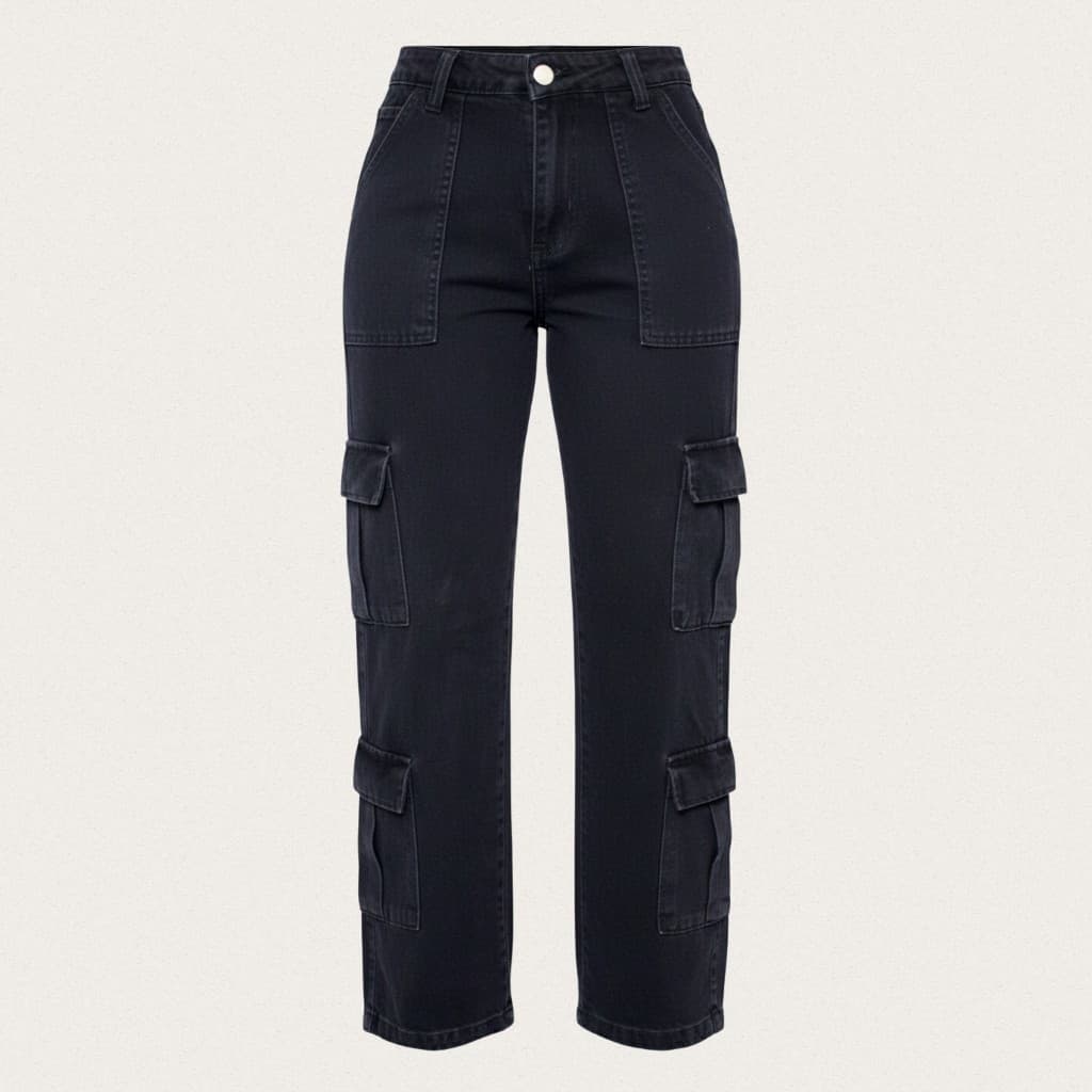 Calça Feminina Cargo Preta Jeans Black Quatro Bolsos Conforto Versátil Visual Urbano Moderna Casual