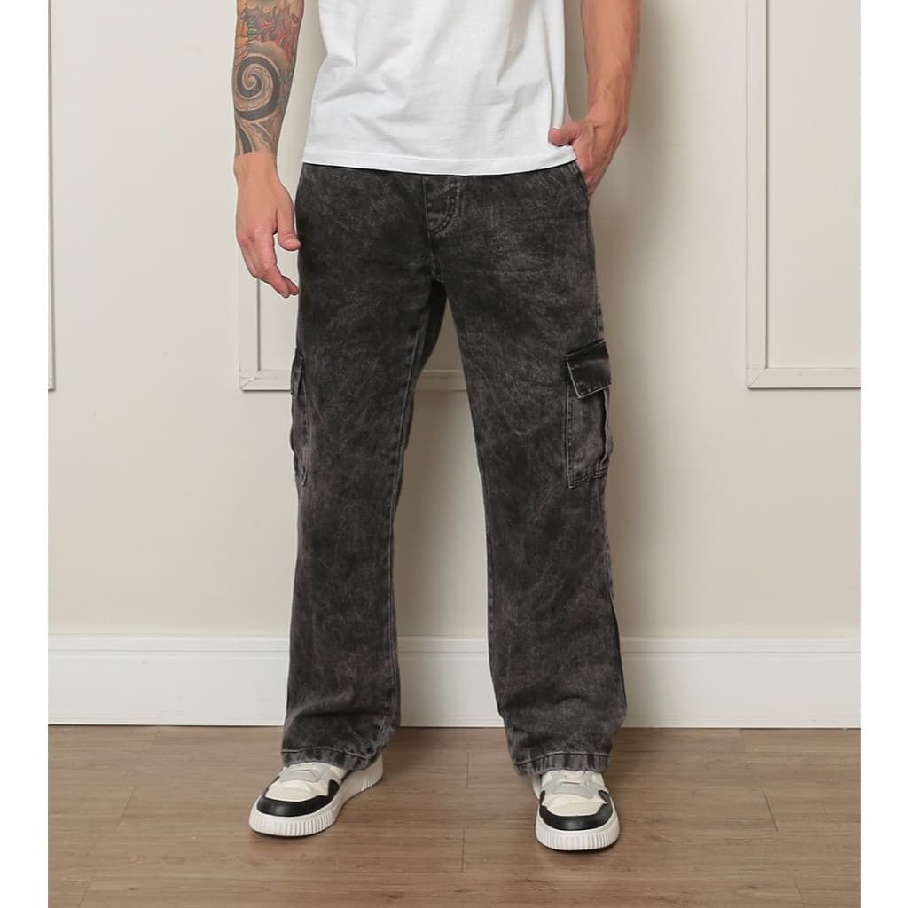 Calça Cargo jeans e sarja Larga Masculina Skate 6 Bolsos Fechamento Cordão unisex