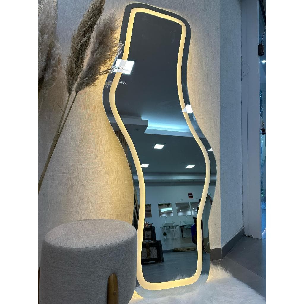 Espelho Orgânico EL21 Corpo Inteiro 150cm x 60cm Polido LED Jateado Luz Branca e Luz Amarela Sala Quarto Banheiro