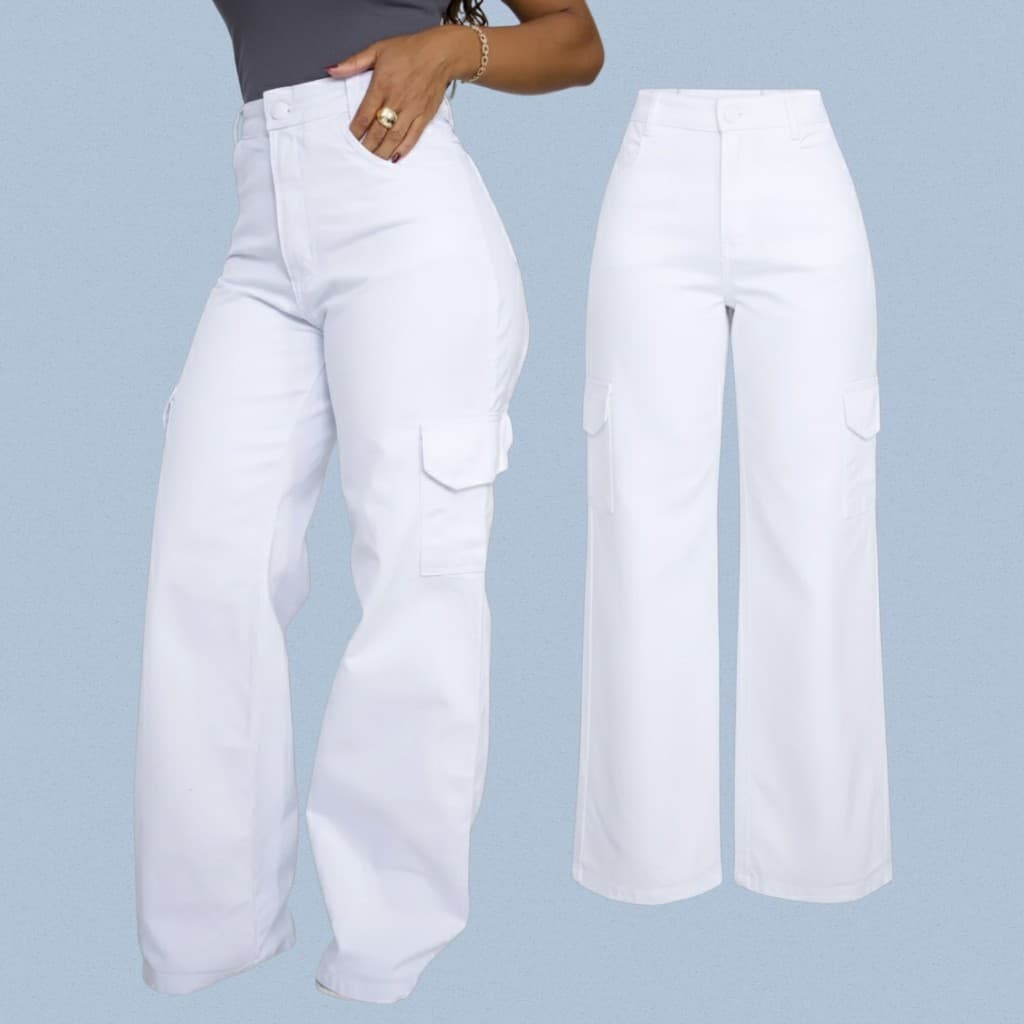 Calça Cargo Feminina Branca Bolsos Utilitários Conforto Estilo Casual Moderno