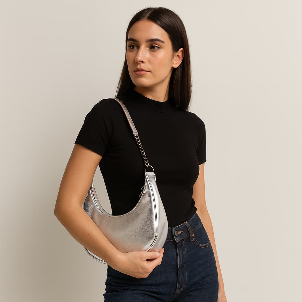 Bolsa Meia Lua Bolsa Prata Tencdencia Bolsa Alça de Corrente Bolsa Feminina