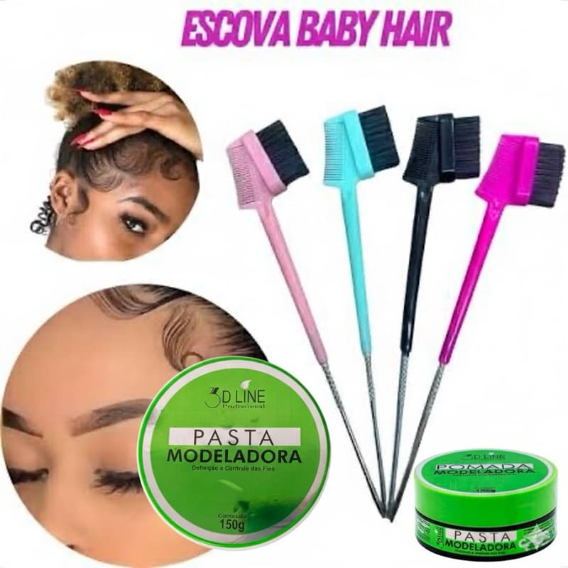 Kit Escova Baby Hair Cores Sortidas + Pomada Modeladora 3D Line 150g