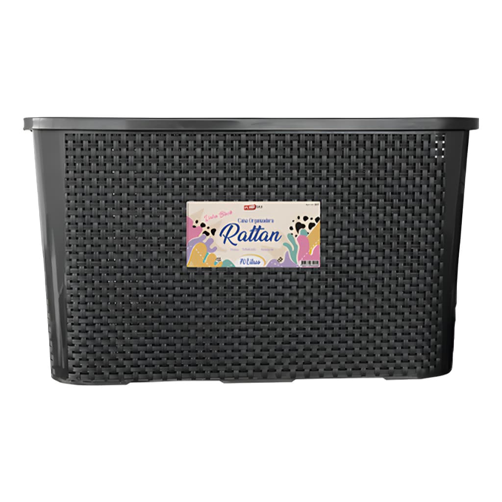 Caixa Organizadora Rattan 70 Litros Grande C/ Tampa Multiuso Preto