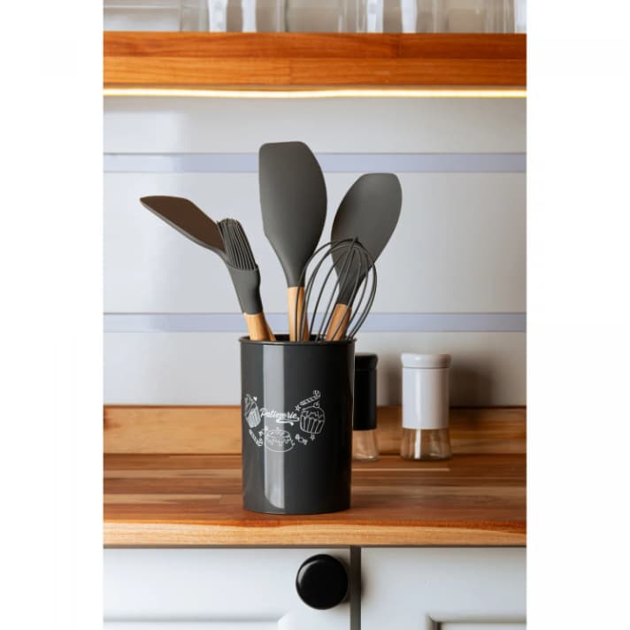 CONJUNTO 5 UTENSÍLIOS DE COZINHA CONFEITARIA EM SILICONE COM CABO DE BAMBU SUPORTE CINZA - WOLFF - 20980