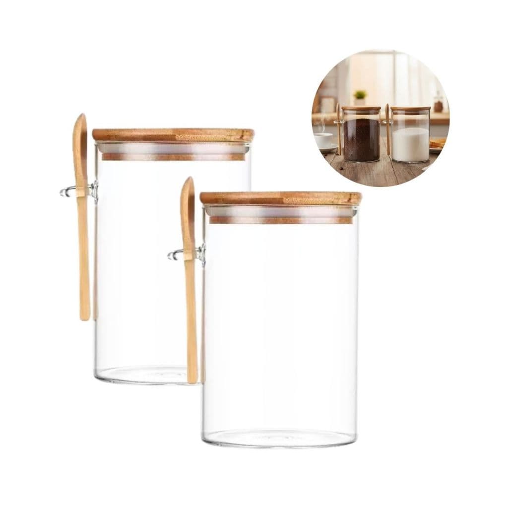 Kit 2 Potes de Vidro 550ml com Tampa de Bambu Hermética, Vedação em Silicone e Colher Inclusa