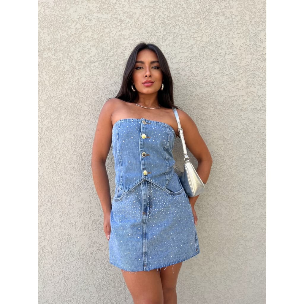 Anaoffice 3000 conjunto jeans feminina com bordado  com brilho cropped com short