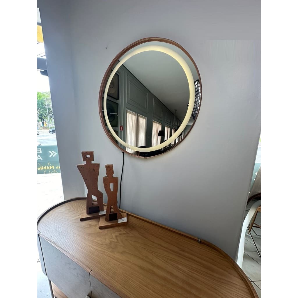 Espelho Redondo 80CM Moldura Couro com Led Jateado Luz Branca e Amarela