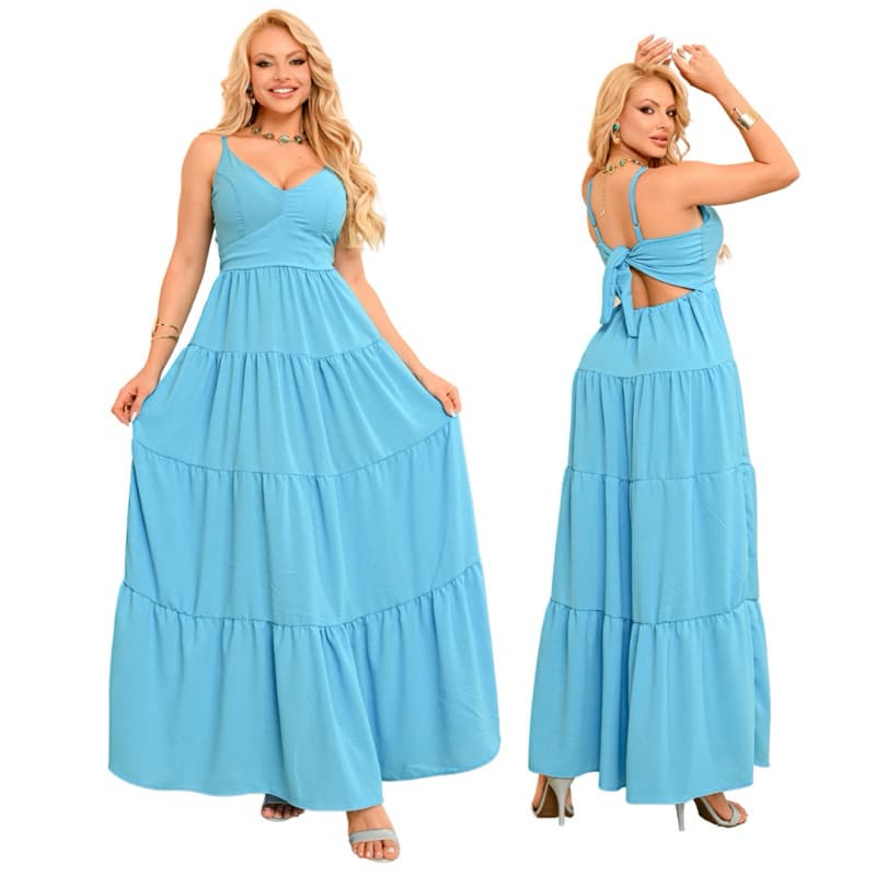 Vestido Longo Feminino Tecido Duna aberto Nas Costas Tecido Fresco Solto Estiloso