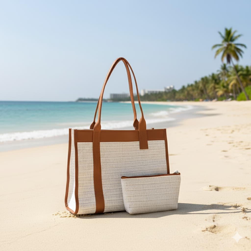 Bolsa de Praia Luxo Com Necessaire Marrom Borda Courino Fechamento com Botão Imã
