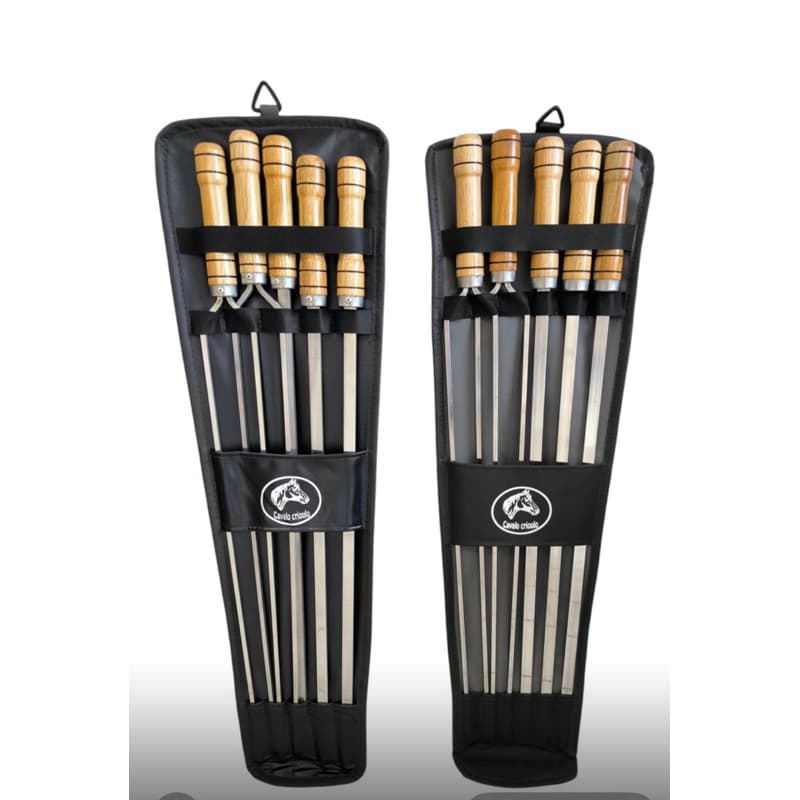kit churrasco 5 espetos aço inox com bolsa de corino couro ecológico fazenda sítio Gaudério