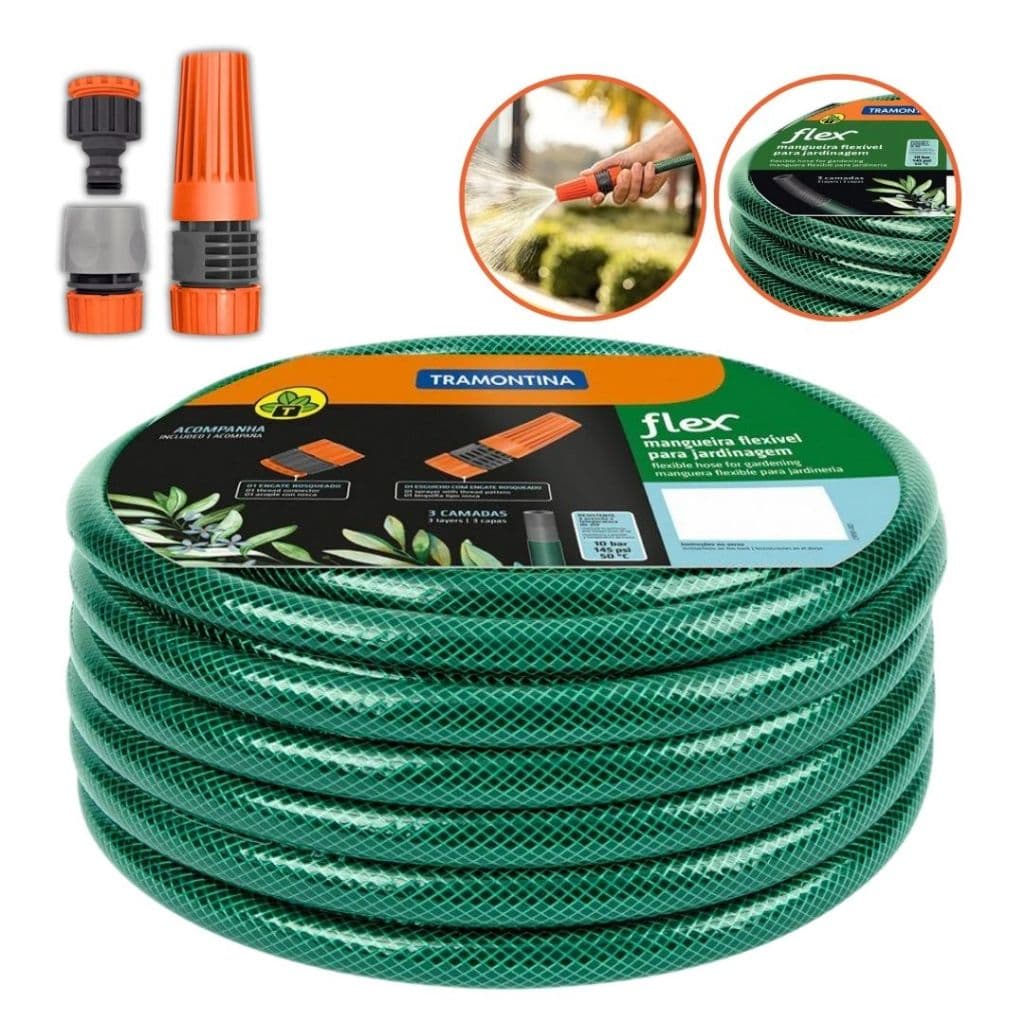Mangueira de jardim trancada 3 camadas Tramontina verde 1/2 Resistente 10 metros Engate+Esguicho