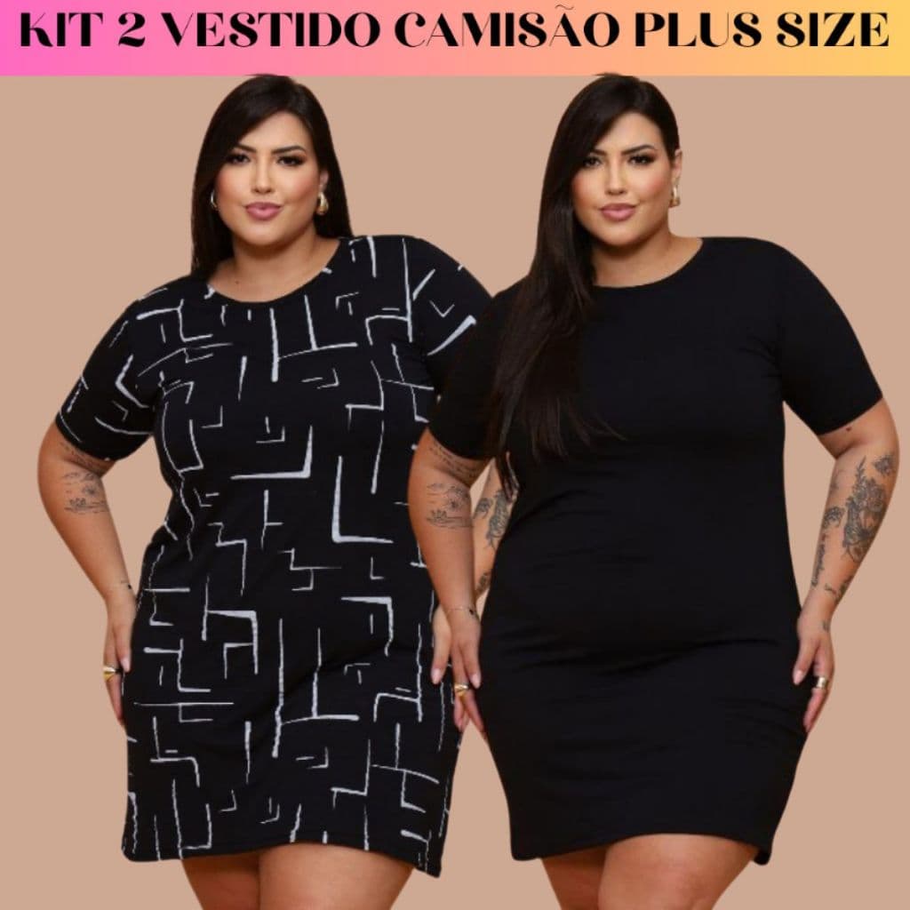 Kit com 2 vestidos Camisão Plus Size Curto camisetão curvy Vestido Tubinho Básico Plus Sise Verão