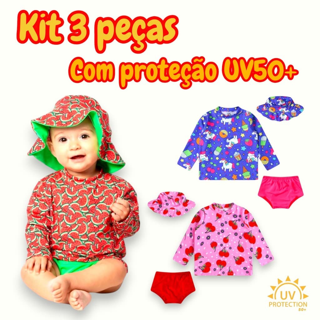 Kit 3 Peças Moda Praia. Blusa com Proteção Solar UV50 + Sunga + Chapéu Bebê e Infantil Meninas