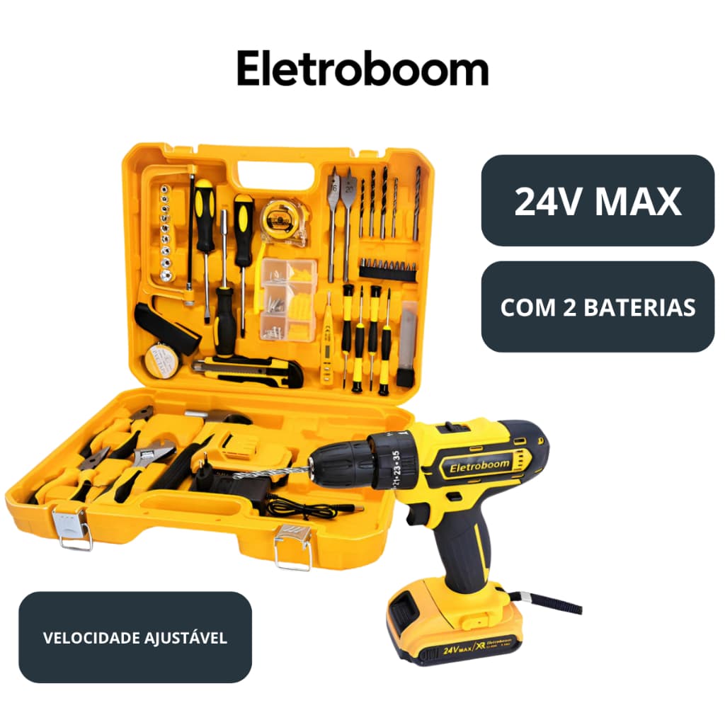 Kit Parafusadeira/Furadeira + Maleta de Ferramentas 118 Peças Com 2 Bateria Recarregável