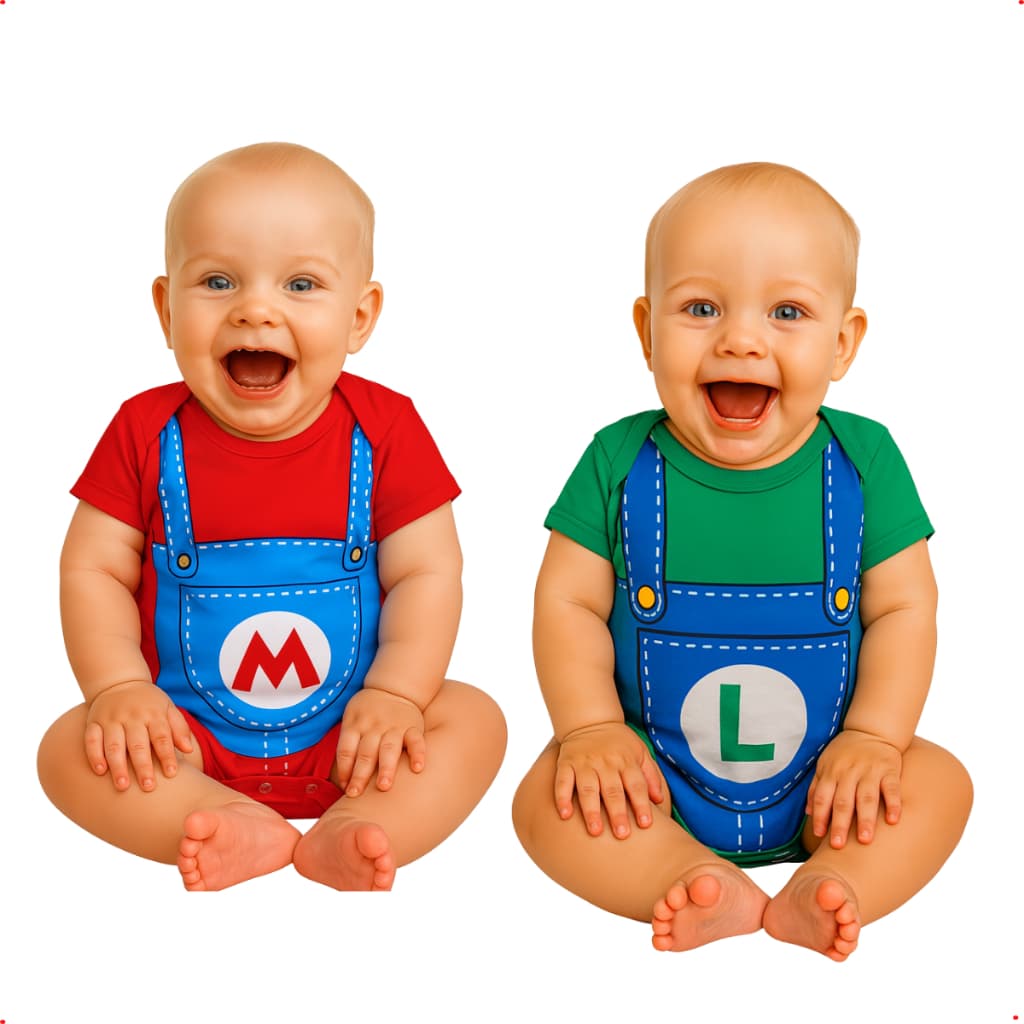 Kit Gêmeos Body Bebê Personalizado Super Mário + Luiggi mesversário fantasia