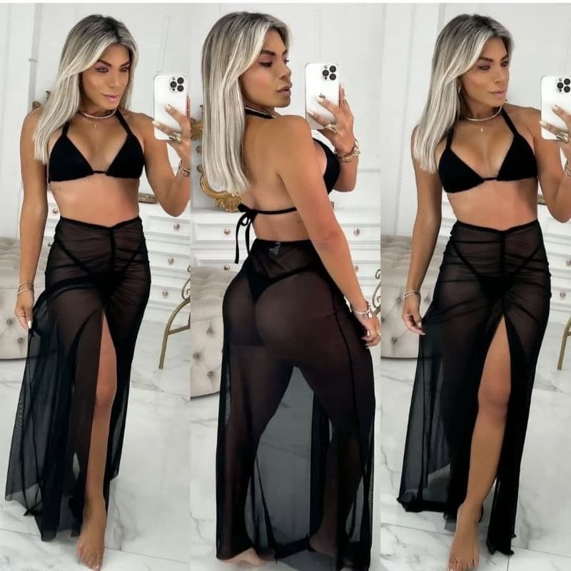 Saída de Praia Feminino Longa de Tule, Canga Feminina Tule, Saia Longa Praia Transparente