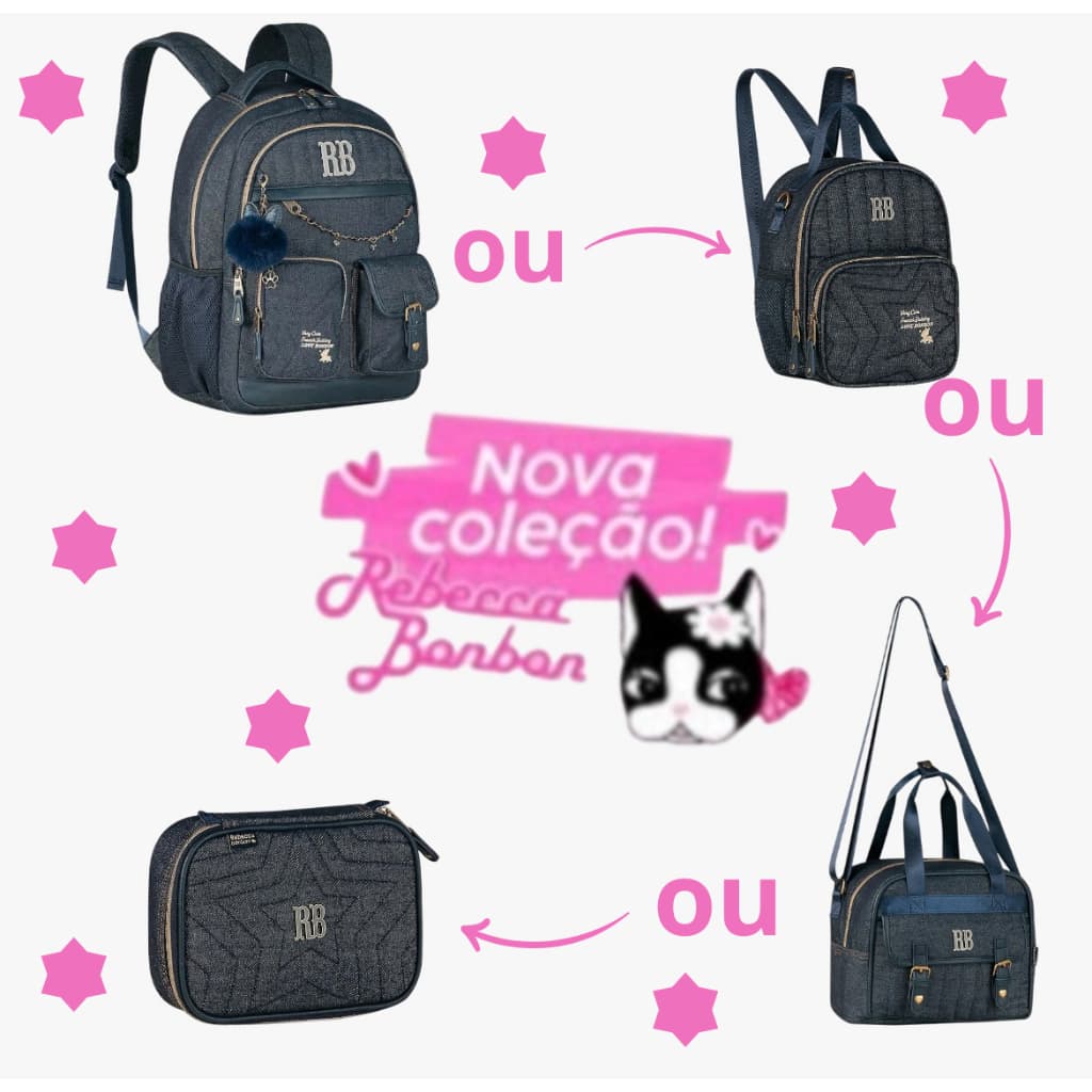 Mochila de Costas ou Lancheira ou Estojo Jeans Vinttage Rebecca Bonbon Confortável Resistente Lançamento 2026