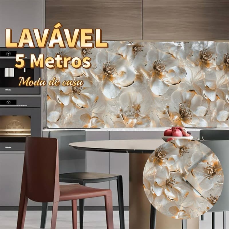 Papel de parede Adesivos para cozinha Brilante Lavavel Floral 5 Metro x 60 cm Resistente a Agua/Óleo material lavável