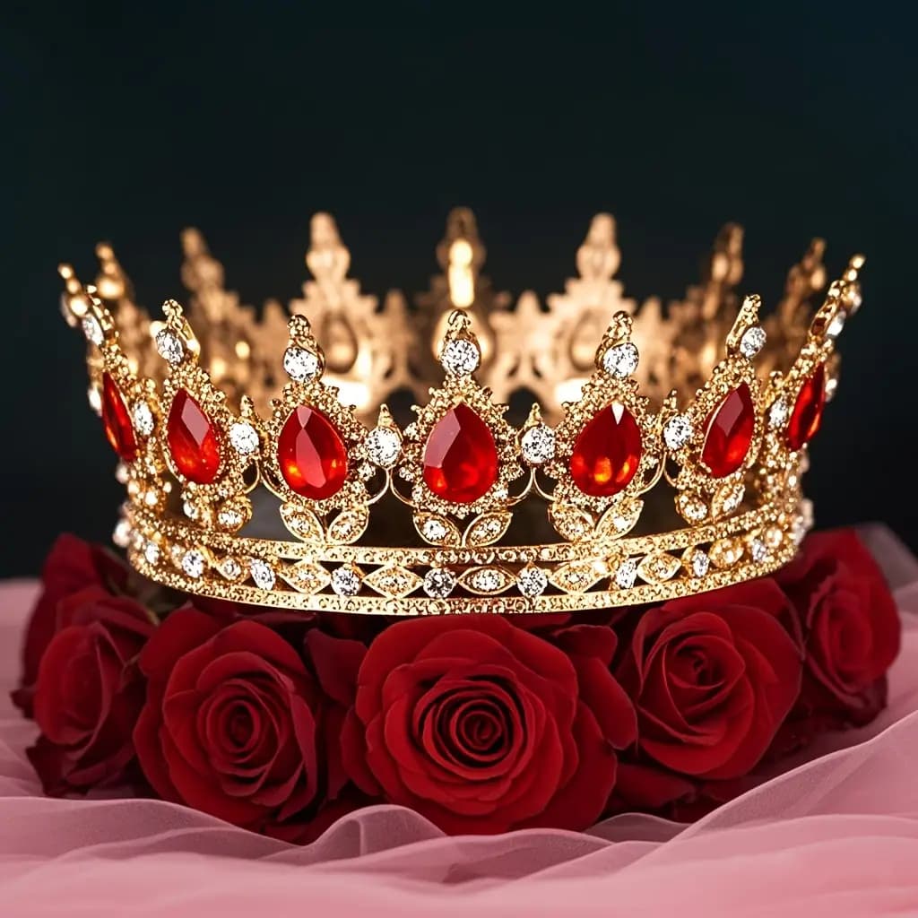 COROA REDONDA DOURADA COM PEDRAS VERMELHAS LUXUOSAS liga metálica com Strass Brilhantes para Festas de Aniversário