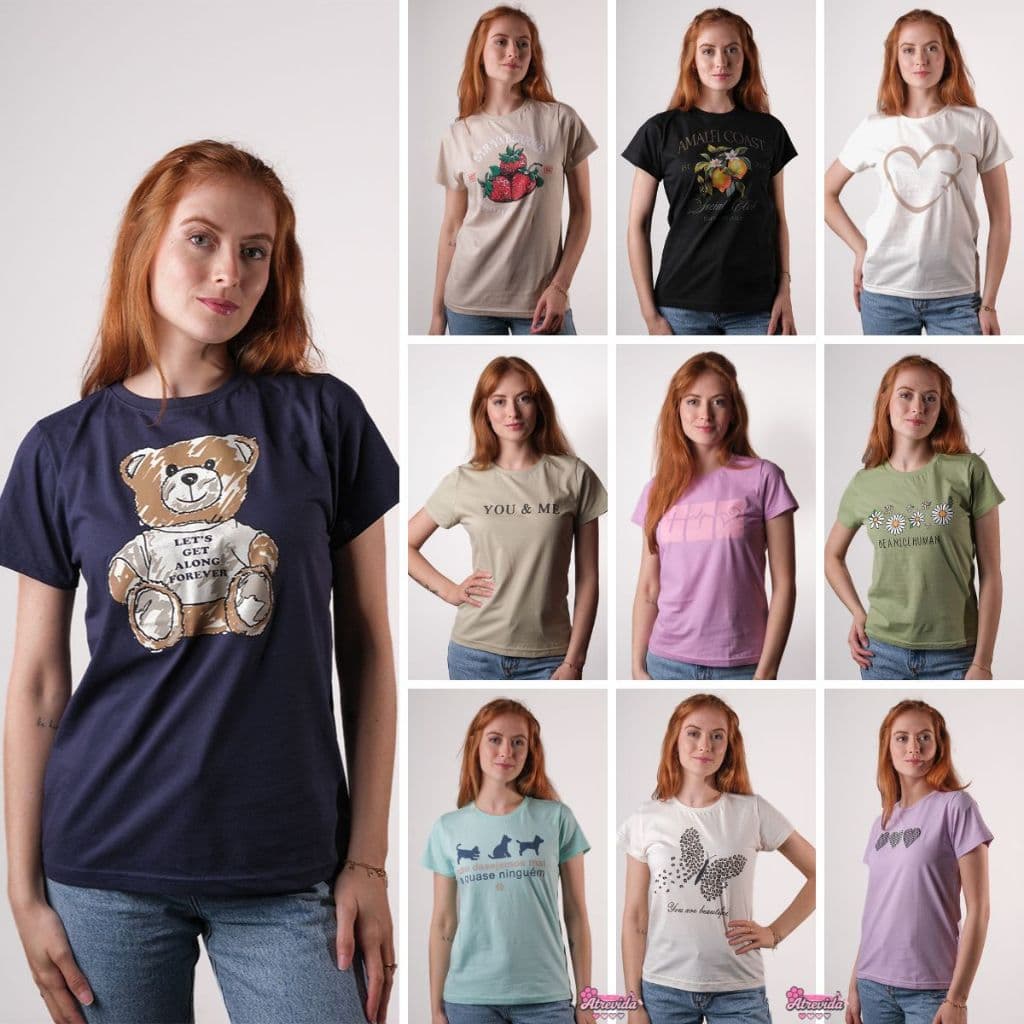 Kit 10 Blusas Camiseta Baby Look Gola Redonda Manga Curta
