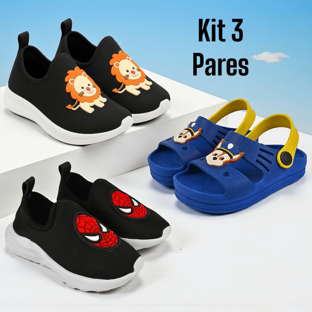 Kit 3 Pares, Tênis Infantil Menino Confortável Desenhos Divertido Sandália Babuche Macia Casual