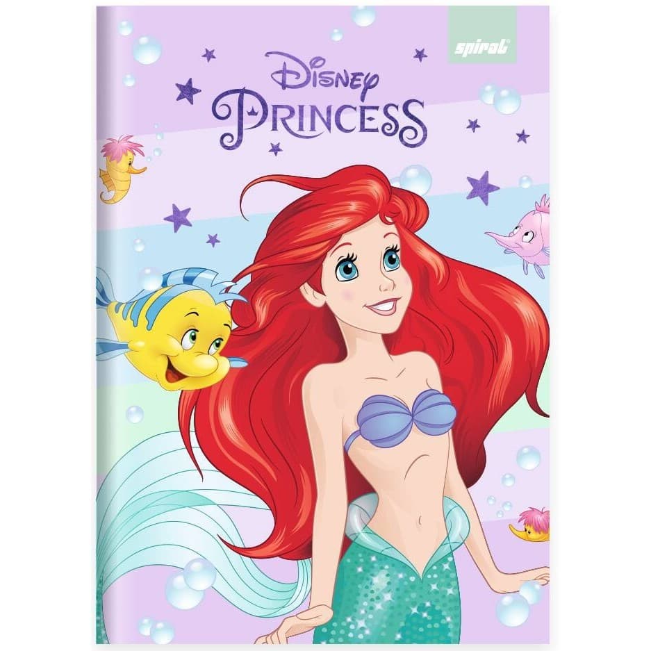 Caderno 1/4 Pequeno Brochura Costurado Capa Dura, 80 Folhas, Princesas, Sereia Ariel