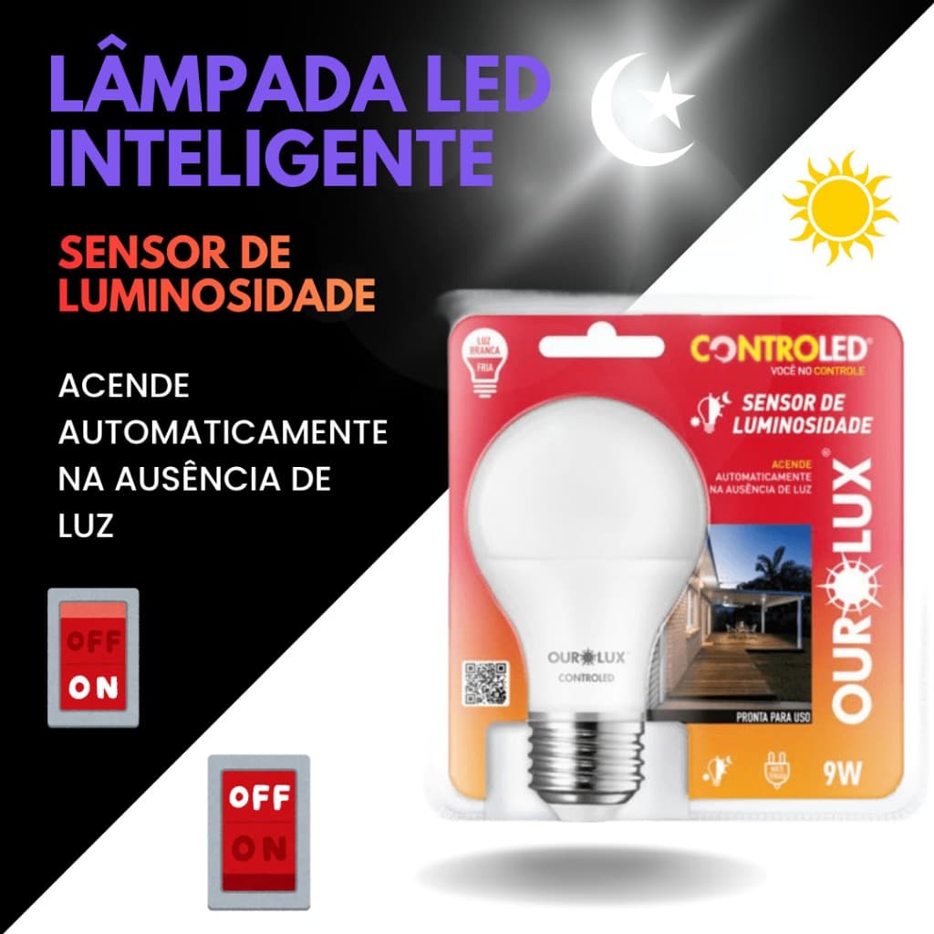 Lâmpada com Sensor de Luminosidade CONTROLED Ourolux 9W  Luz Branca Fria 6500k BIVOLT