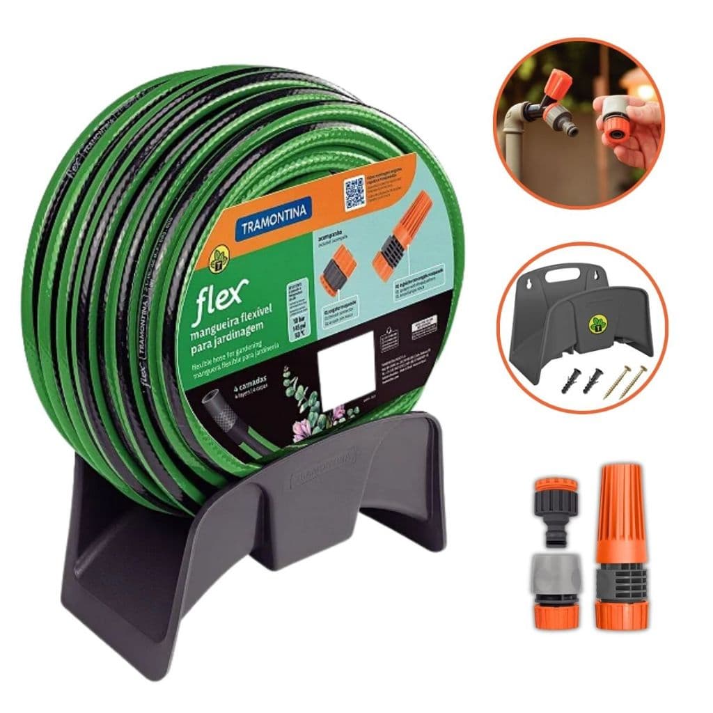 Mangueira de jardim 25 metros Tramontina + Suporte kit Engate e Esguicho Resistente