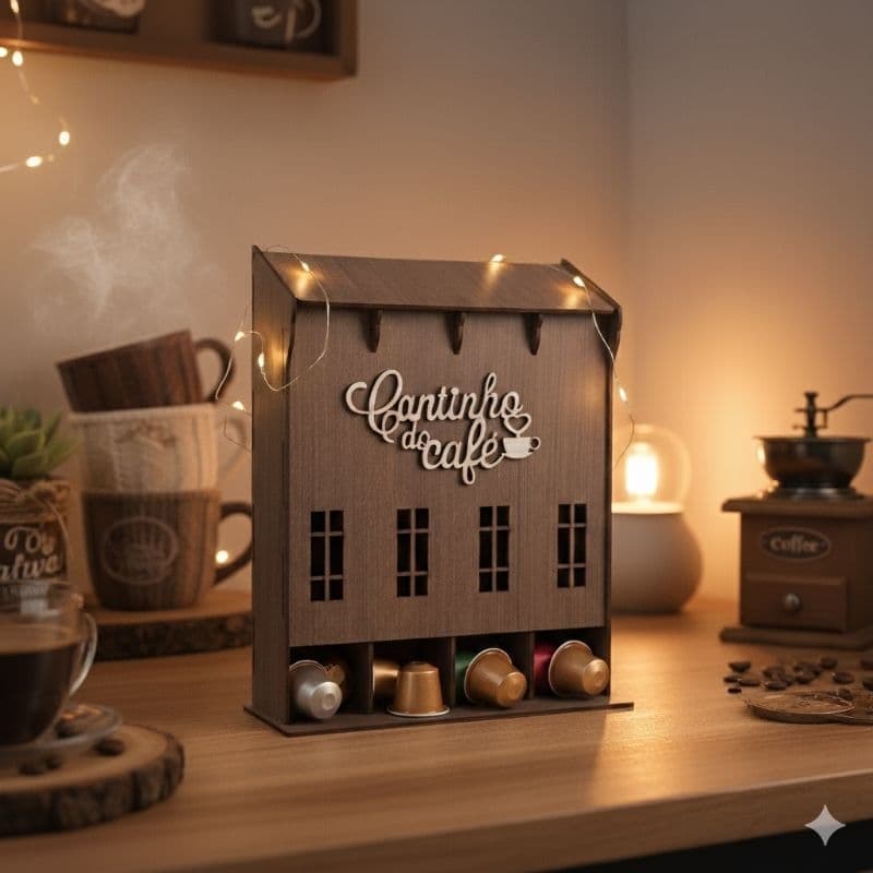 Organizador de Cápsulas de Café “Cantinho do Café” em MDF – Tampa com Abertura, 30x25cm