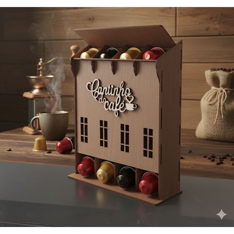 Organizador de Cápsulas de Café “Cantinho do Café” em MDF – Tampa com Abertura, 30x25cm