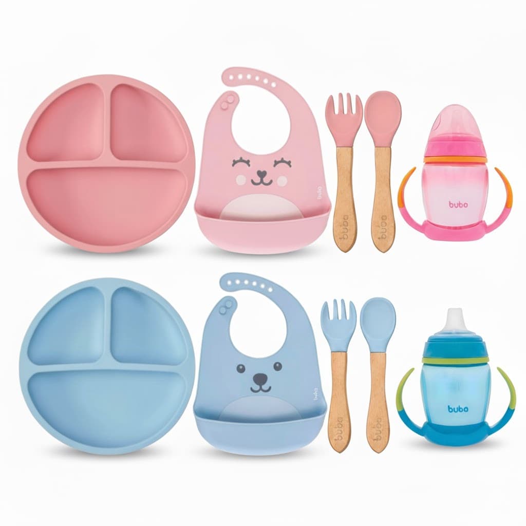 Kit Introdução Alimentar Silicone Bebê – Prato com Ventosa + Copo + Babador – Marca Buba