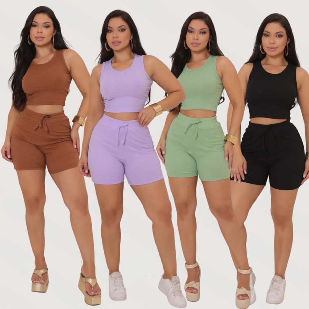 CONJUNTO FEMININO SHORT + CROPPED EM MALHA CANELADA CONFORTO E QUALIDADE PREMIUM USO DIARIO BASICO
