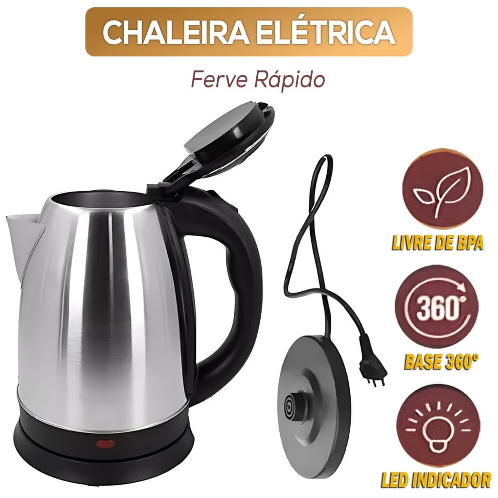 Chaleira 1.8L Jarra Elétrica Bule Inox Ferve Água Chá E Café Base Giratória Led Indicador