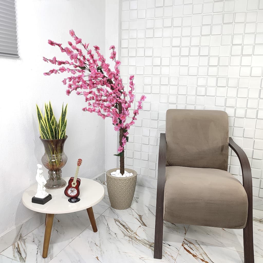 Flor Artificial Cerejeira Rosa Galho Curvo Vaso Cone Mármore Pedra
