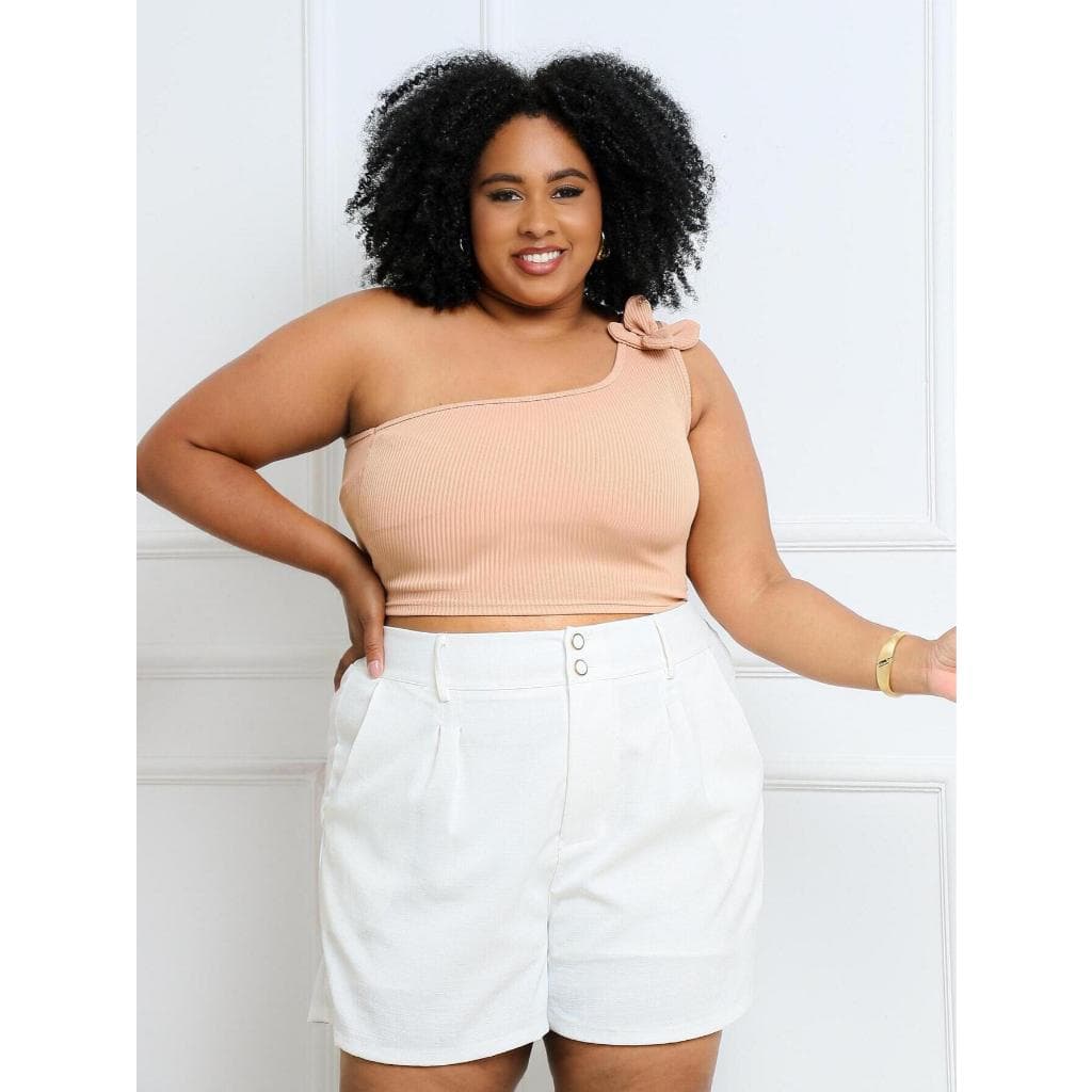 Cropped Plus Size Flor nula manga assimétrica canelada, em Anarruga Premium, um ombro só blusa GG 48 elegante mula manca