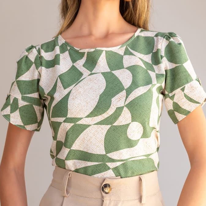 Blusa Feminina Estampada Manga Tulipa Botão Lateral Elegante Casual P M G GG Moda Verão