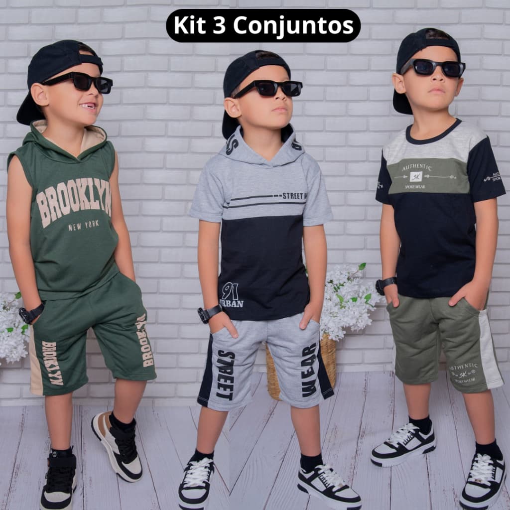 Kit com 3 Conjuntos Infantil Juvenil Masculino Roupa de Menino