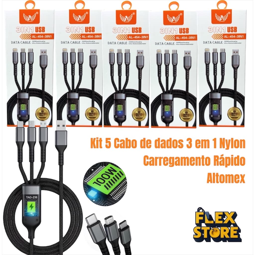 Kit 5 Cabos 3 em 1 Altomex AL-454 Nylon Reforçado Carregamento Rápido 100W Tipo-C Micro USB Lightning