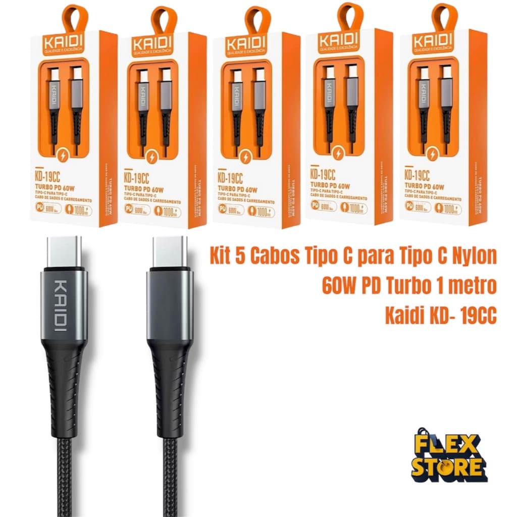 Kit 5 Cabos Kaidi KD-19CC Tipo-C para Tipo-C 60W PD Turbo Nylon 1 Metro Carregamento Rápido