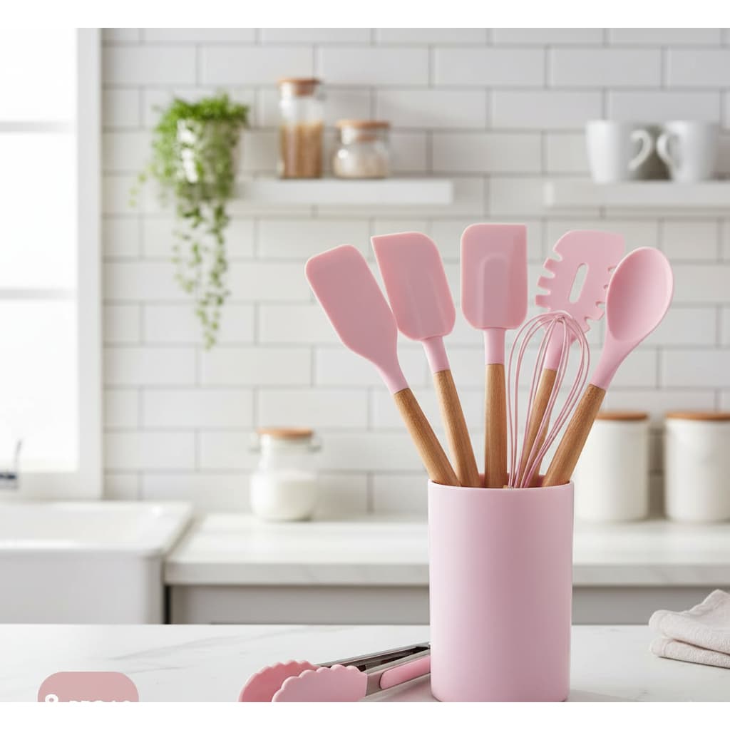 Kit Utensílios de Cozinha 8 Peças Silicone com Cabo de Madeira Verde Antiaderente Resistente Calor