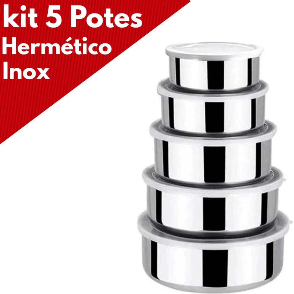 kit 5 potes hermetico inox mantimentos com tampa