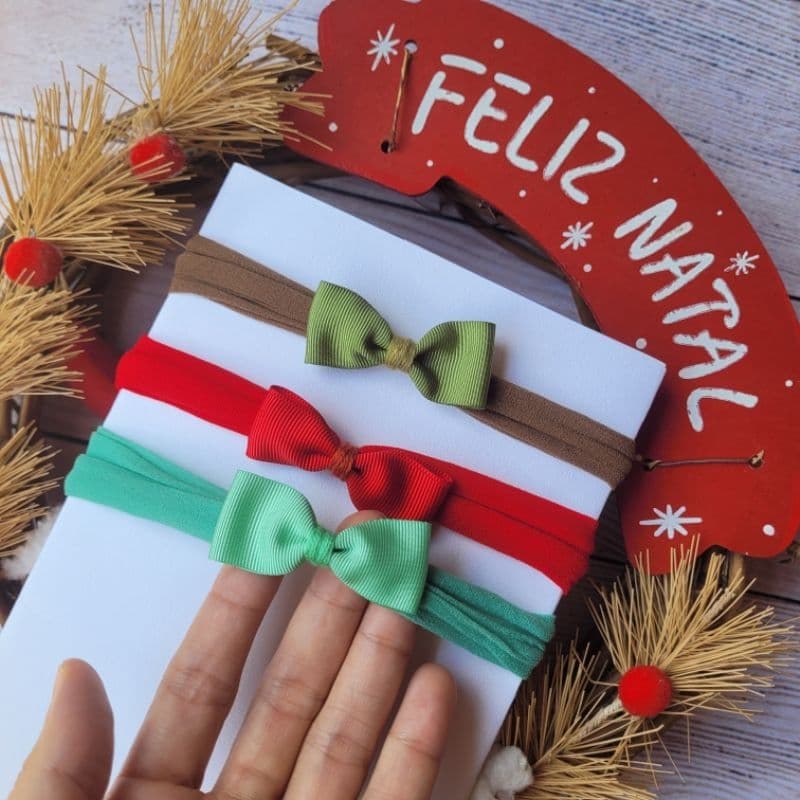 Faixinha de bebê tam. recém-nascido, kit com 3 unidades: lacinhos de bebê, meia de seda, tiaras recém-nascido,, natal