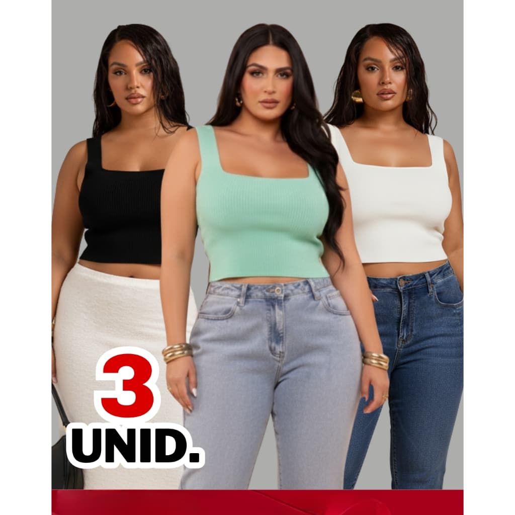 Kit 3 Peças Cropped Tricot Elastano Plus Size Cropped Feminino Top Feminino Plus Size